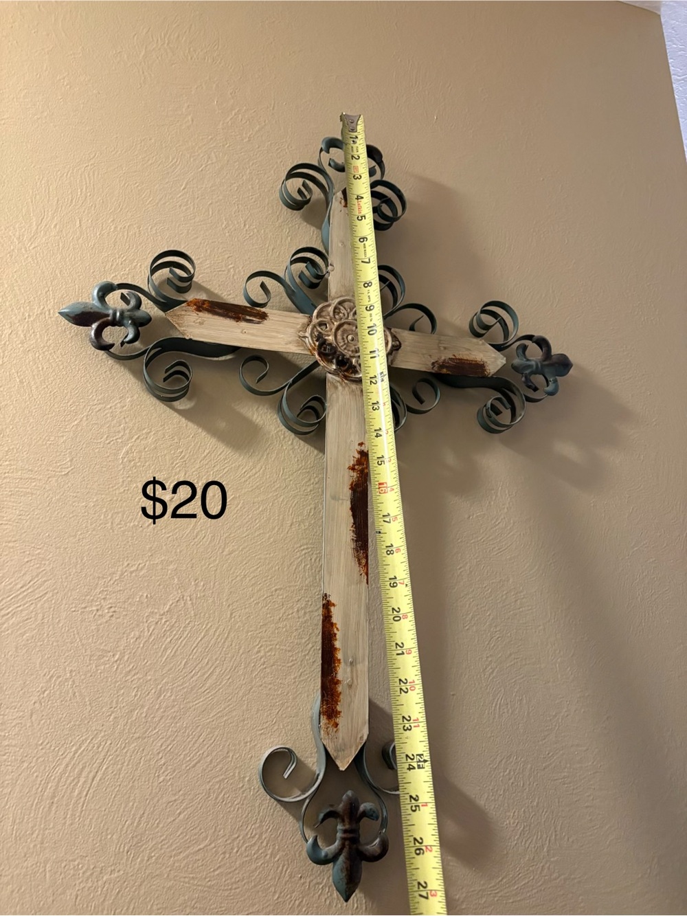 Rustic White and Teal Decorative Wall Cross - Unbranded